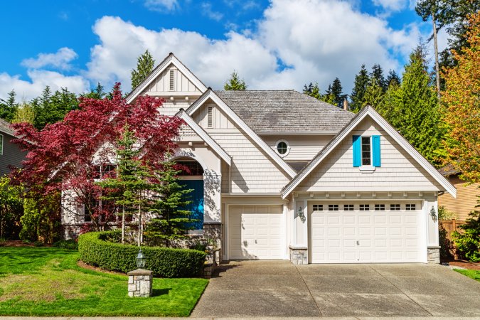 white suburban house with small trees and shrubs in front yard