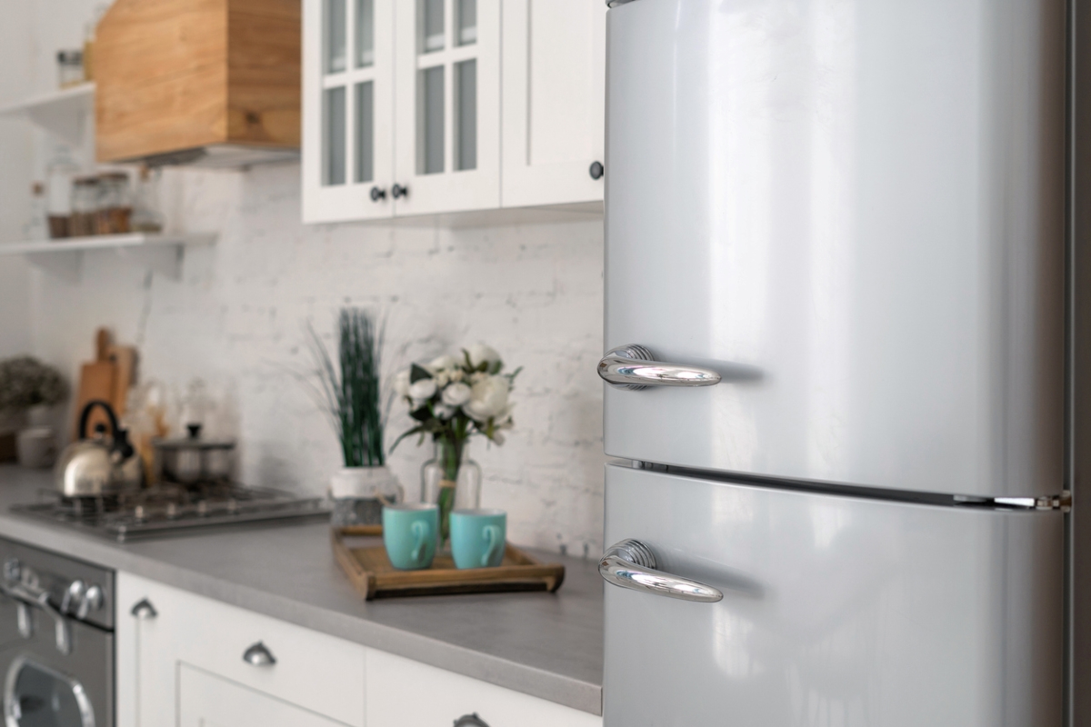 Modern silver refrigerator in kitchen