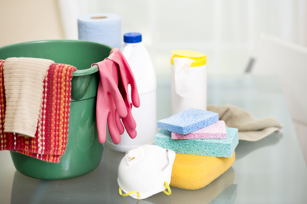 bottles of bleach and other cleaning supplies