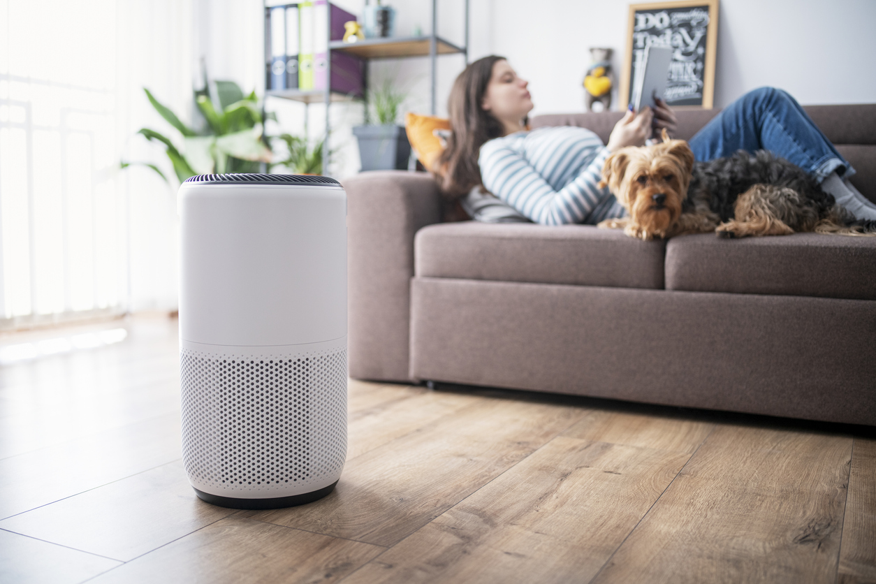 air purifier in foreground of living room while young woman lounges on couch looking at her phone with dog next to her