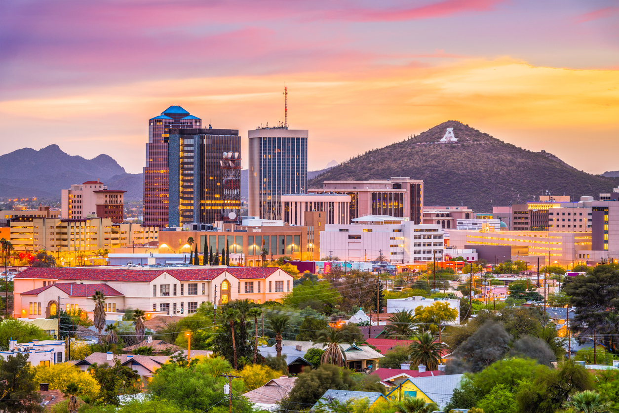 aerial view tuscon arizona sunset mountains