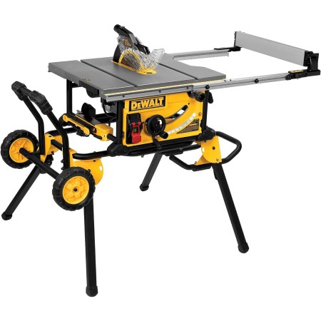 DeWalt 10-Inch Table Saw and Rolling Stand on a white background