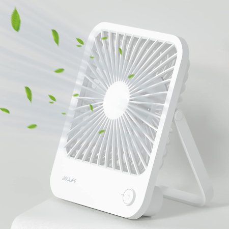  JisuLife Life1 Table Fan in use, demonstrated with graphics of blwon leaves