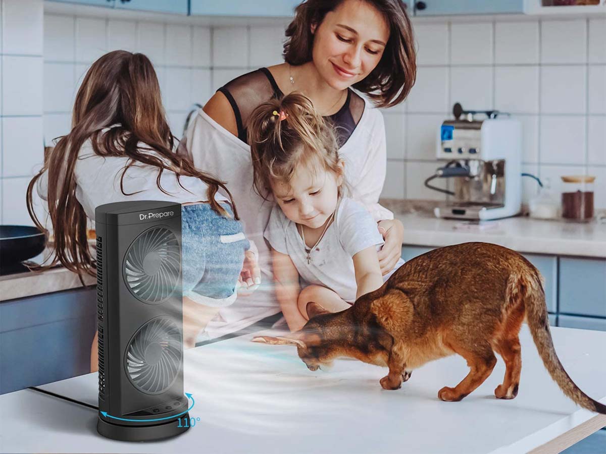 The Best Oscillating Fan Option on a kitchen counter surrounded by a mom, two kids, and a cat