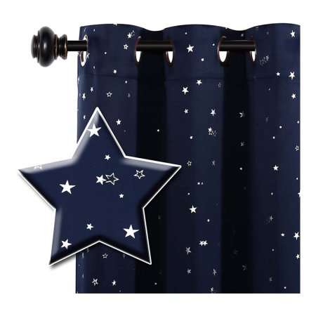  H.Versailtex Blackout Star Thermal Curtains for Kids on a black metal curtain rod with an inset star shape showing a close-up of the curtain pattern.