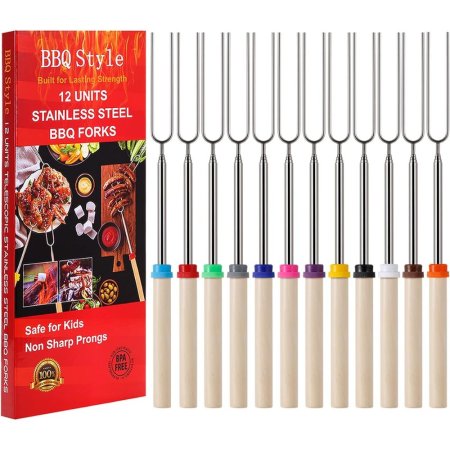  The BBQStyle 12-Piece Marshmallow Roasting Sticks and their packaging on a white background.