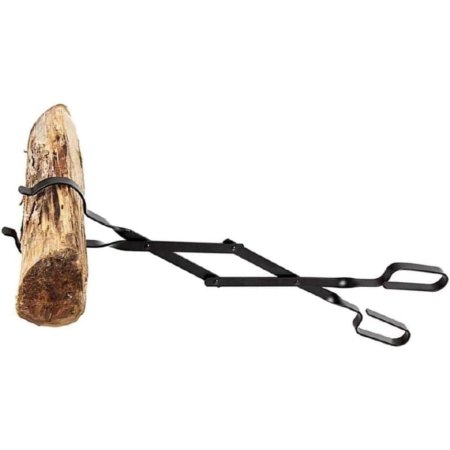  The Rocky Mountain Goods Firewood Tongs holding a piece of firewood on a white background.