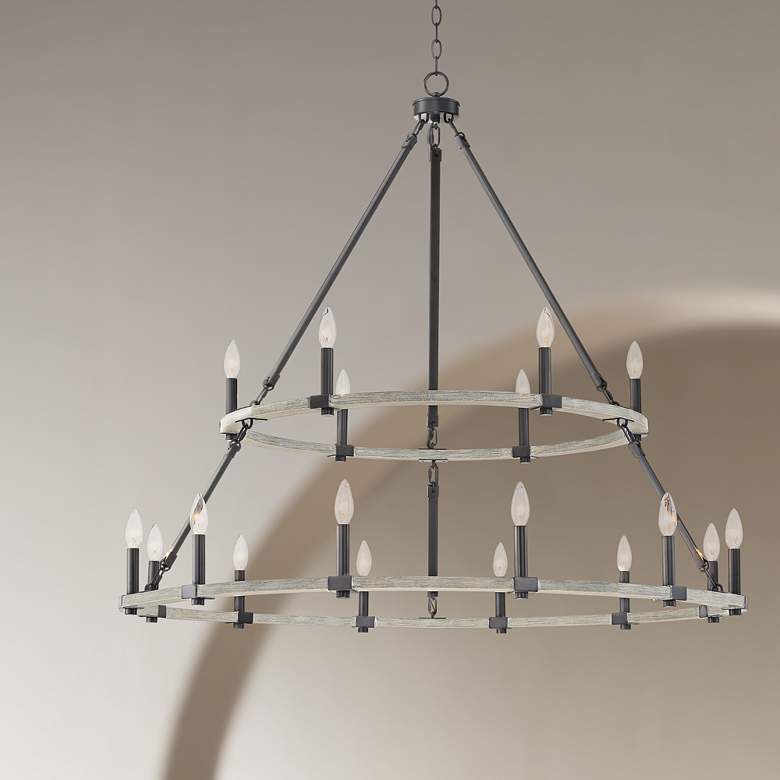 Caroline 46 1/4" Wide Black and Wood 2-Tier Double Ring Chandelier