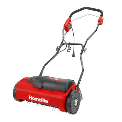 Red Homelite 14-inch Electric Dethatcher on white background