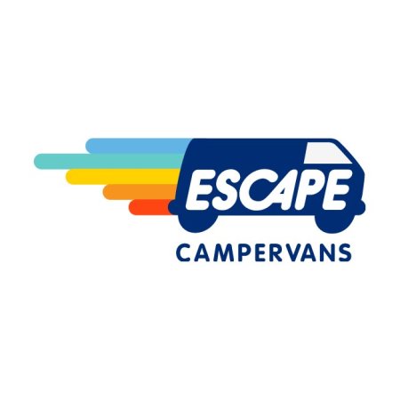  The words 'Escape campervans' are written in white and blue with the company's campervan-shaped logo.