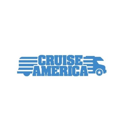  The words 'Cruise America' are written in light blue in the middle of the company's RV-shaped logo of the same color.