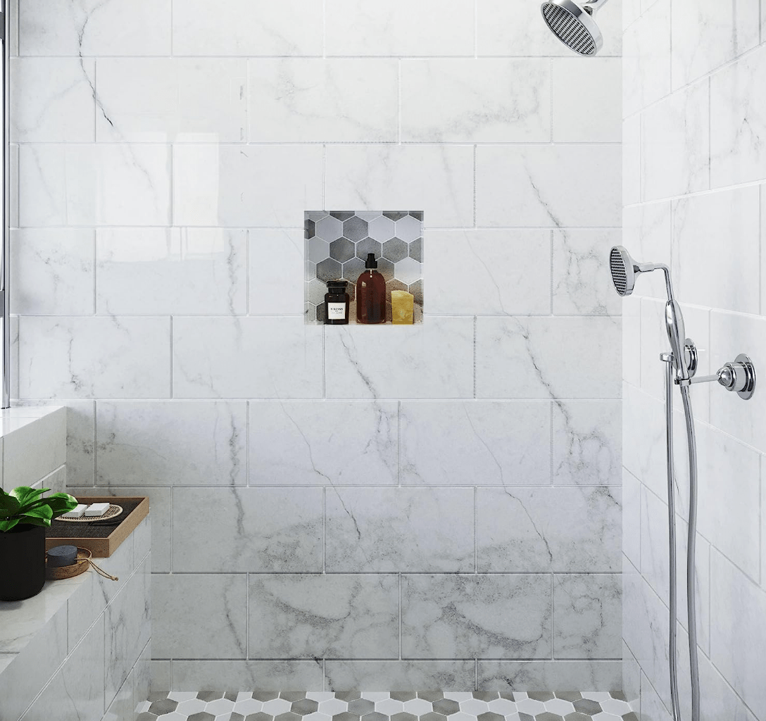 grey marble luxury shower with small shower niche with grey hexagon tiles