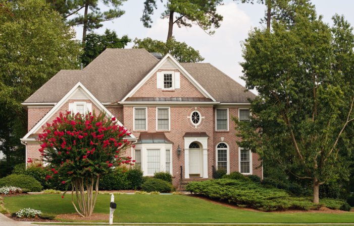 Crepe myrtle tree in the front yard of a traditional brick house