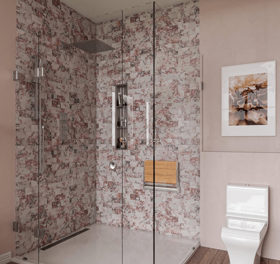 pink bathroom with marble tiled shower with a thin rectangular niche