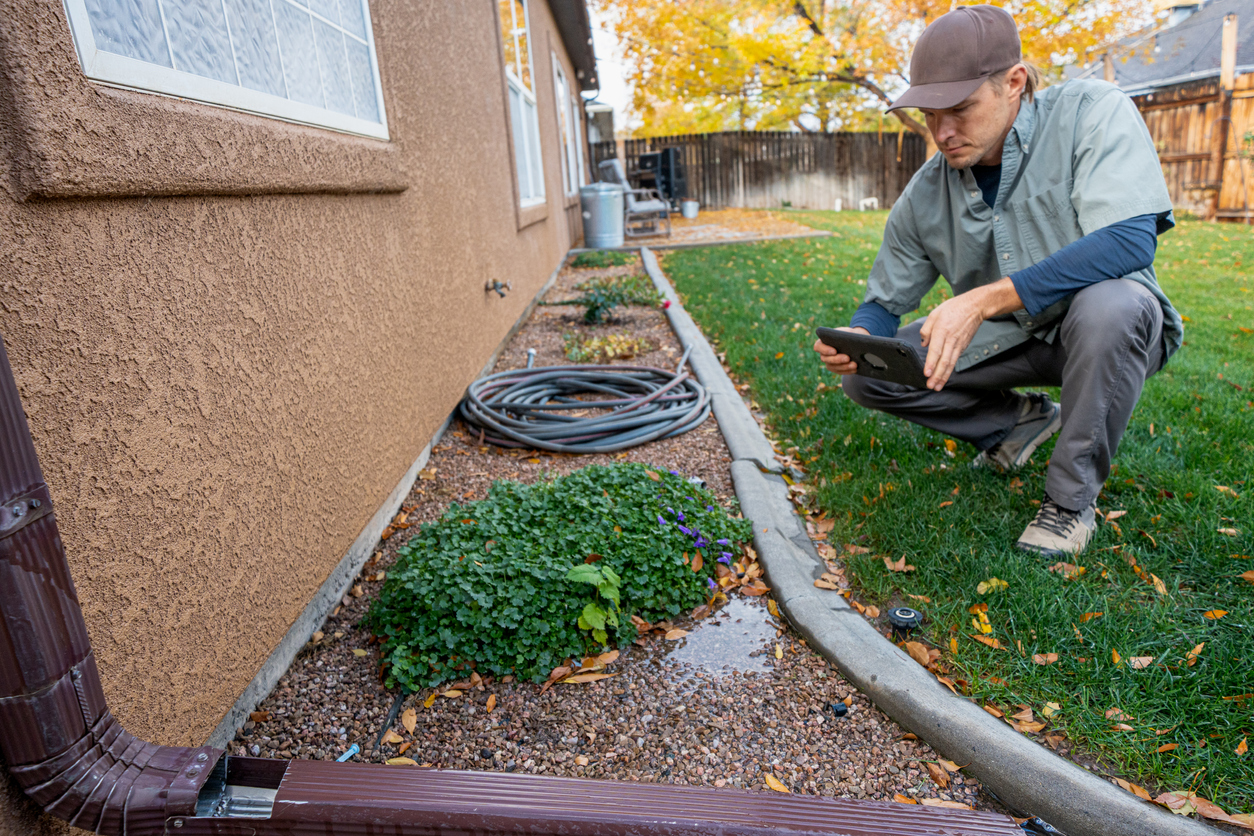 building inspector in cap and work clothes kneels down and uses an ipad to take a picture of a storm drain on the outside lawn of a house