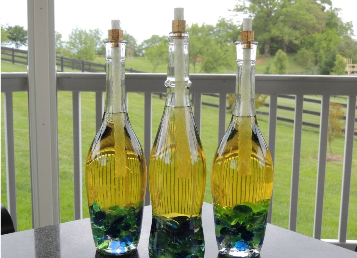 Wine bottle tiki torches