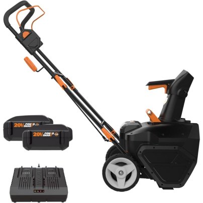 The best cheap snow blower option next to its charger and batteries