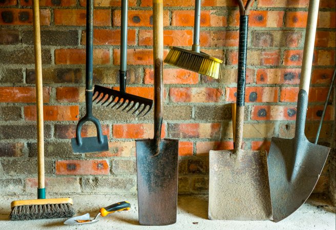 Garden Tools in a Brick Toolshed