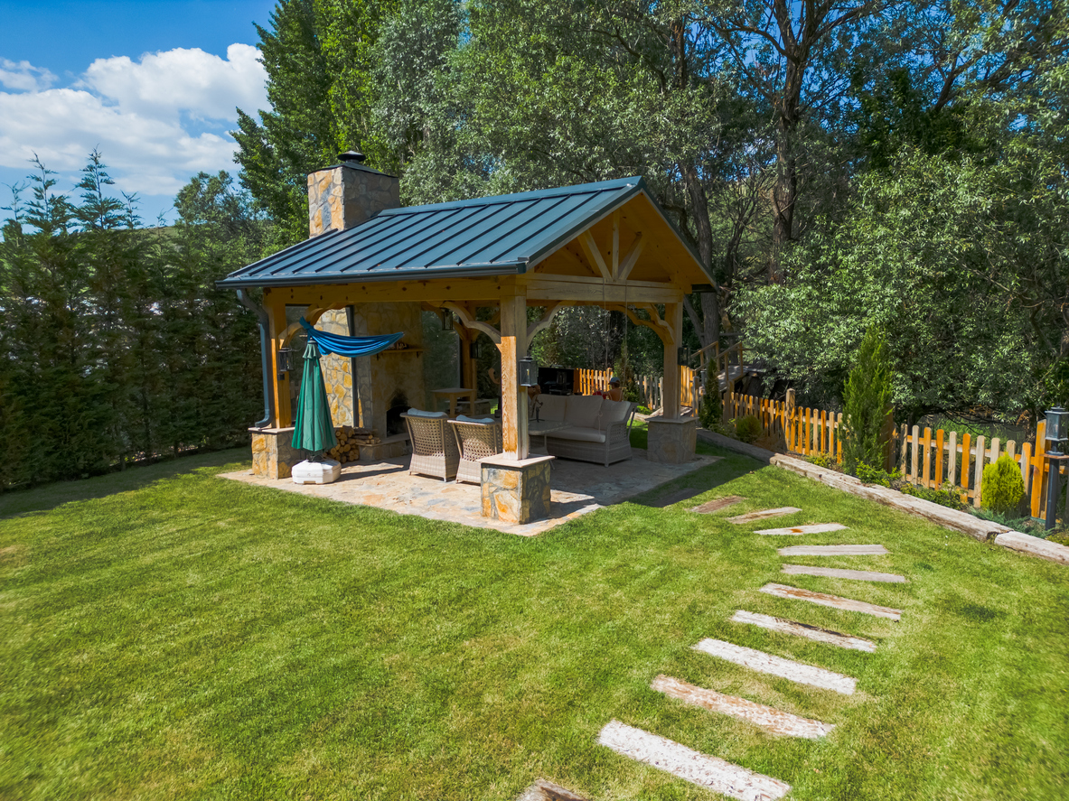 Aerial shot of suburb house pergola in backyard