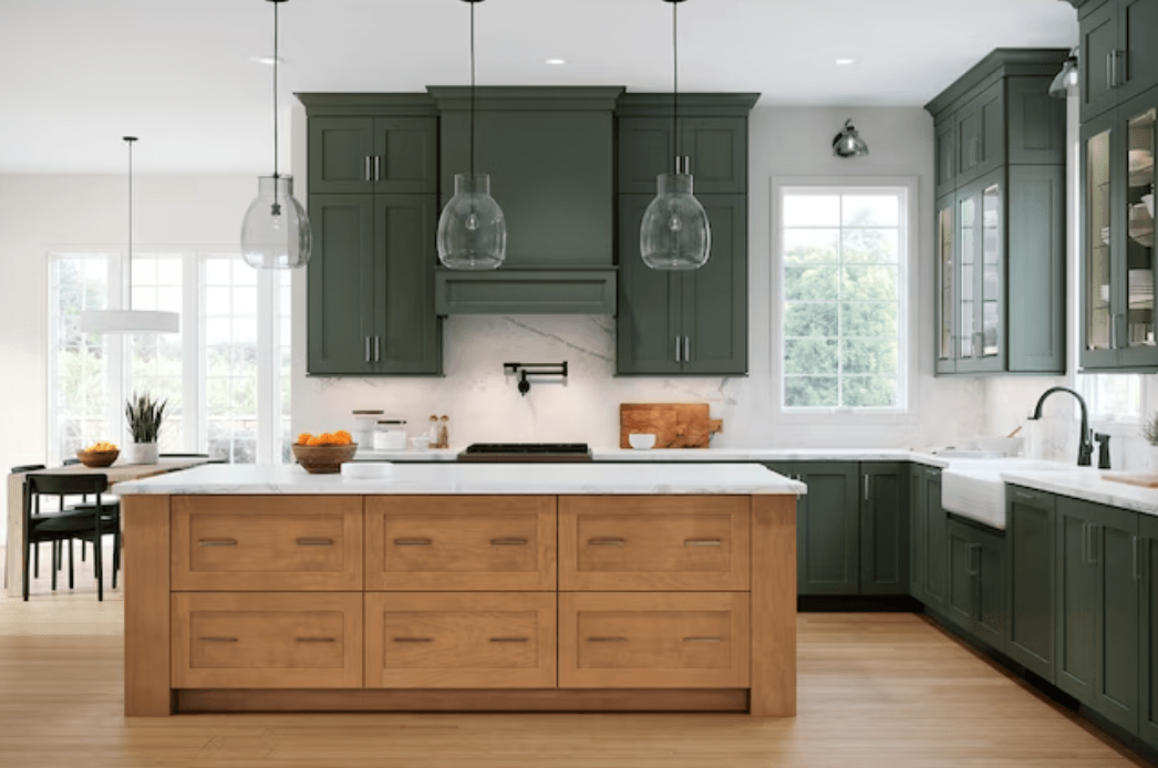 Honey colored mission style cabinets on kitchen island