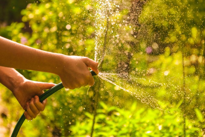 Young person's hands hold garden hose with squirting water on the garden.
