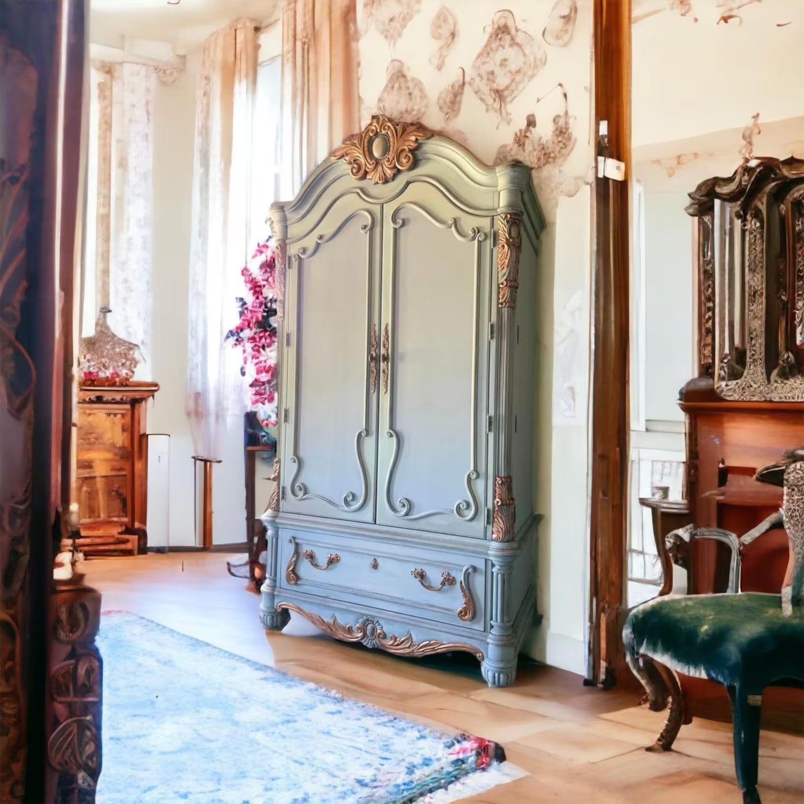 Pale French Blue and Copper Armoire/Wardrobe