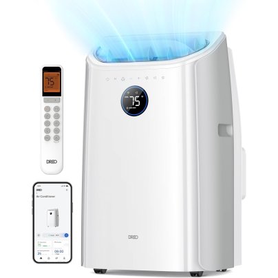 Dreo 12,000 BTU Smart Air Conditioner with remote and smartphone on white background