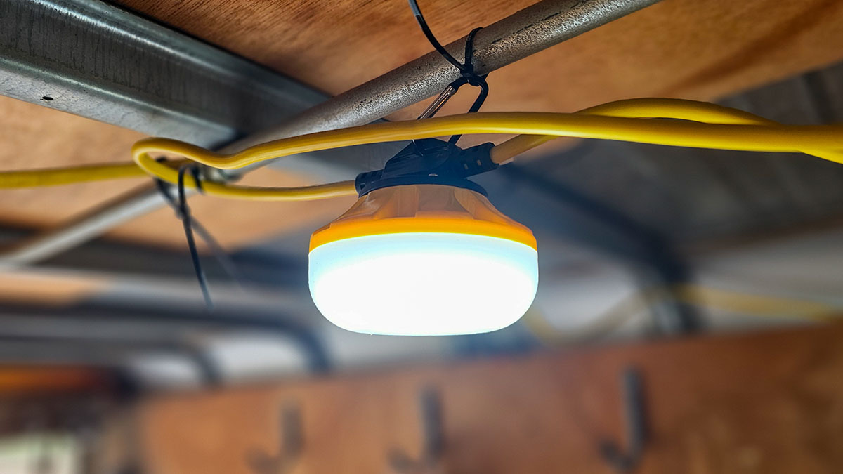 Yellow Construction LED string light in workshop