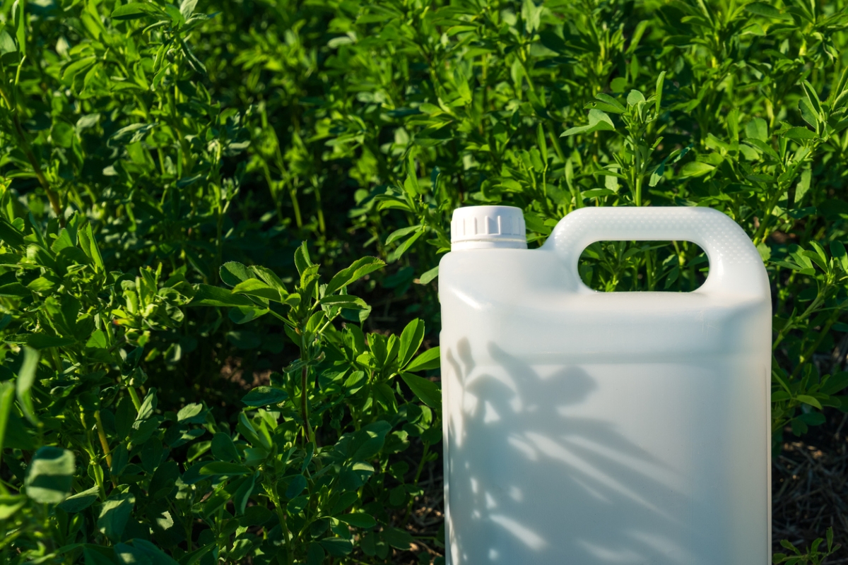 Insecticide jug next to bush