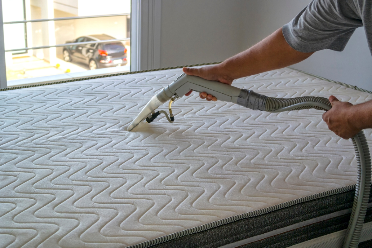 Person vacuuming bed