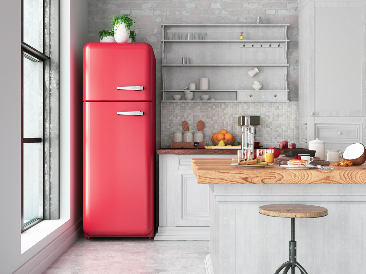 Red Retro Fridge in White Kitchen