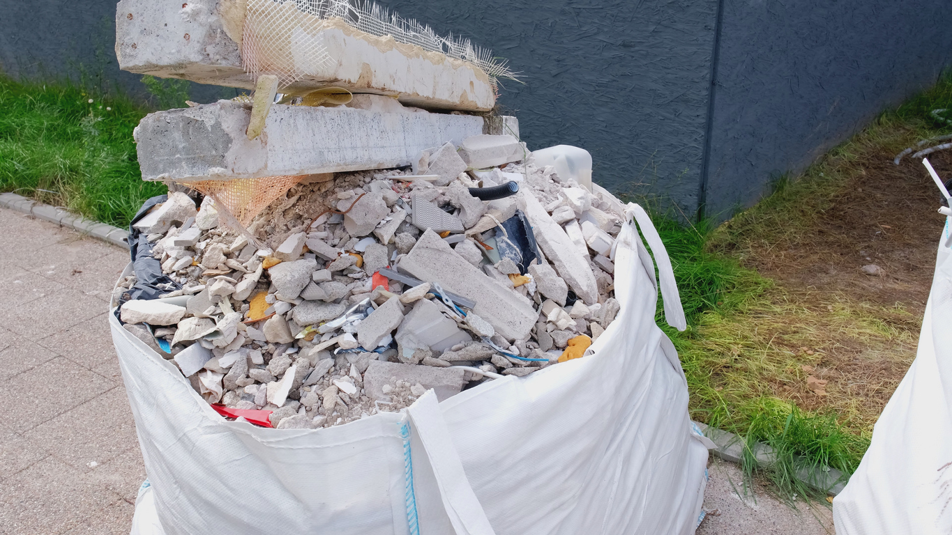 Big Bag of Filled with Cinder Blocks Cement and Various Potentially Hazardous and Toxic Construction Waste