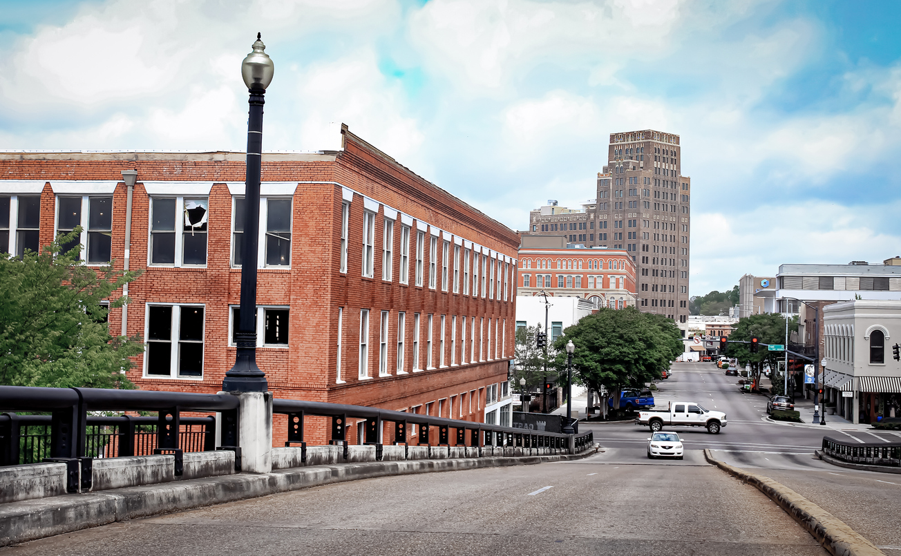 downtown Meridian Mississippi from the top of a bridge