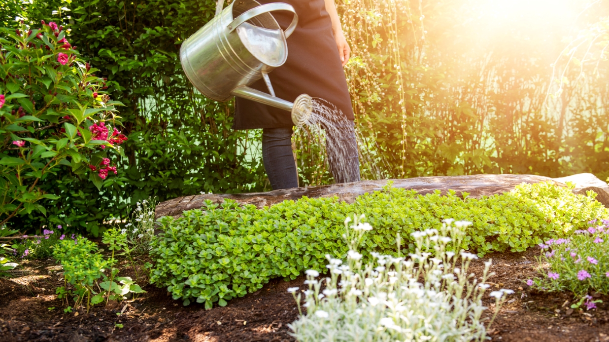 Gardener watering ground covers