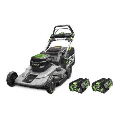 The Ego Power+ 21-Inch Self-Propelled Mower and two batteries on a white background.