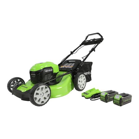  The Greenworks 40V 21-Inch Self-Propelled Lawn Mower, batteries, and charger on a white background.