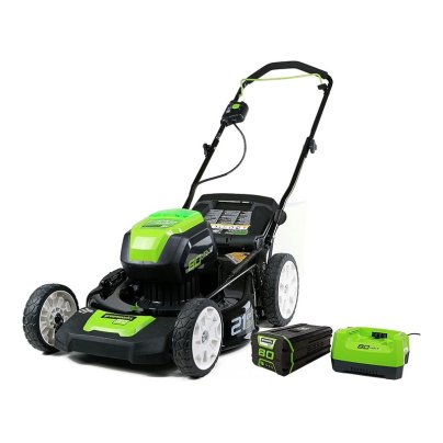 The Greenworks Pro 80V 21-Inch Push Lawn Mower, battery, and charger on a white background.