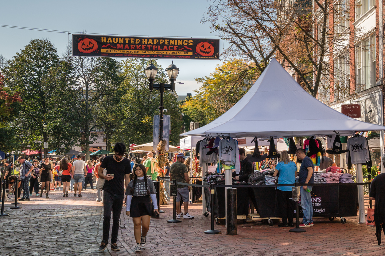 Salem, MA, US-October 14, 2021: The annual Haunted Happenings festival held every October in celebration of the town's history of witch trials and of Halloween. The event was cancelled last year due to the covid-19 pandemic and is being held this year with multiple covid precautions such as masking indoors and free covid testing sites.