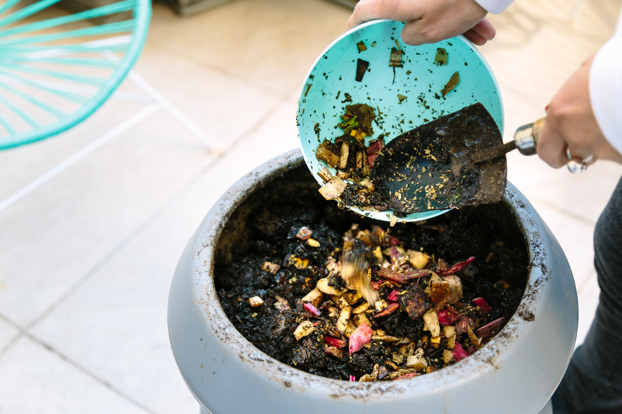 Woman doing compost in the backyard of his house. She is throwing waste of vegetables in the composter.