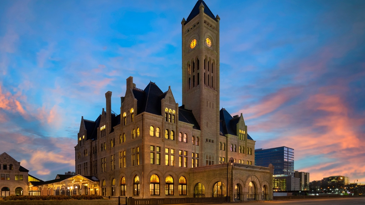 Large historic building during sunset