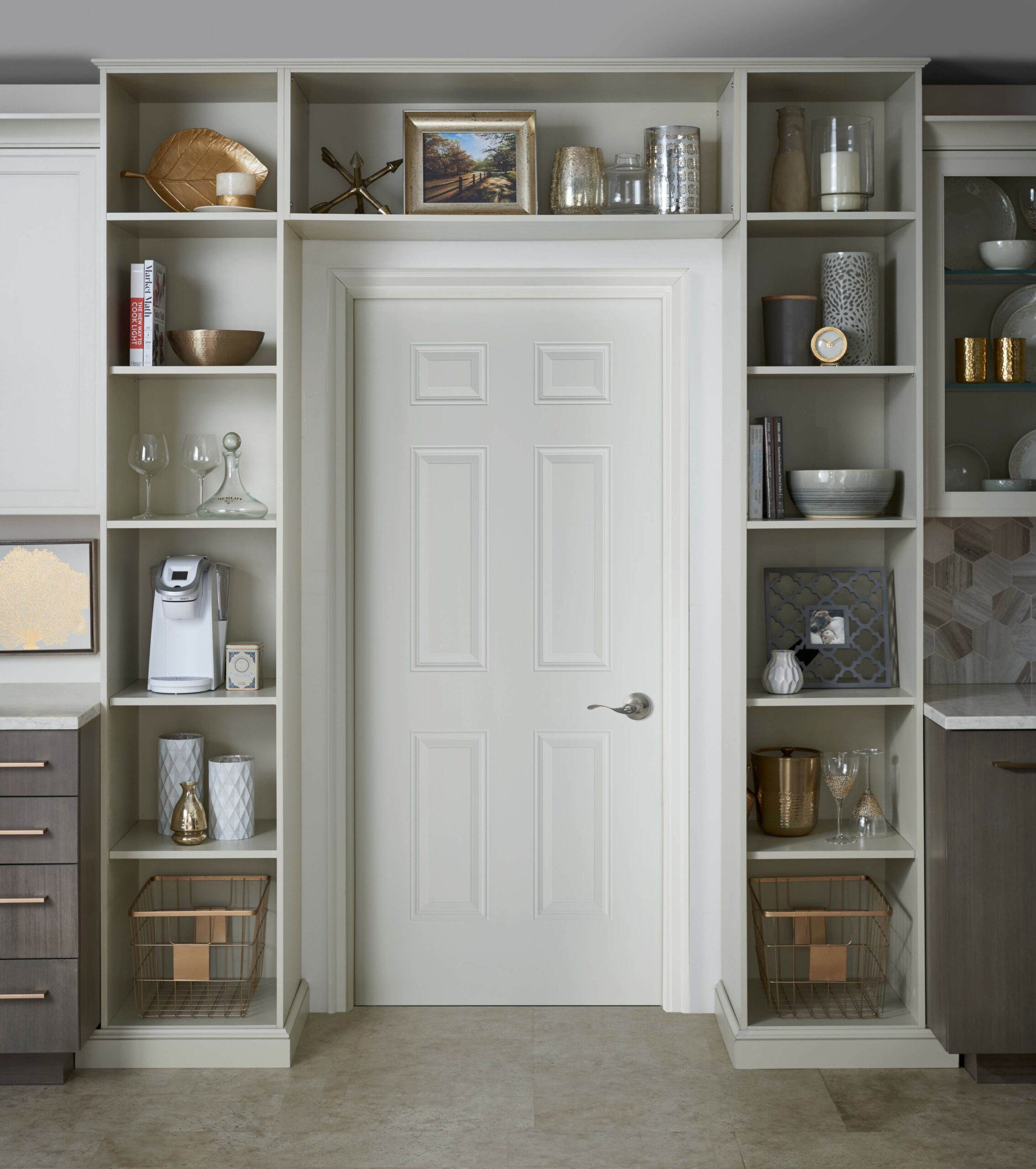 Lafayette door in Maple with Rag and Bone paint and Slab door in Vertical Bamboo with Coastal Grey stain