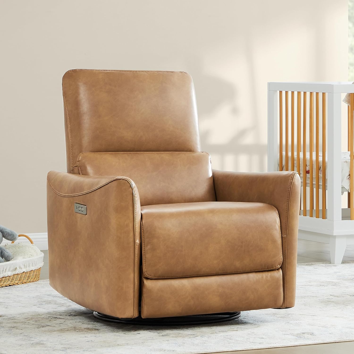 CHITA Power Recliner Swivel Glider, Upholstered Faux Leather Living Room Reclining Sofa Chair with Lumbar Support, Cognac Brown