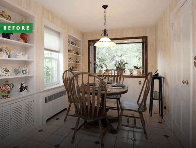 A breakfast nook with traditional decor and furnishings.