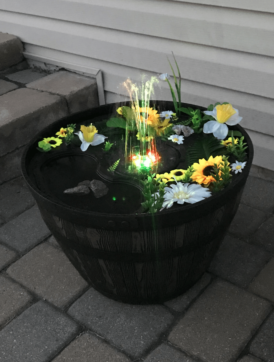 fountain with LED light made from wine barrel