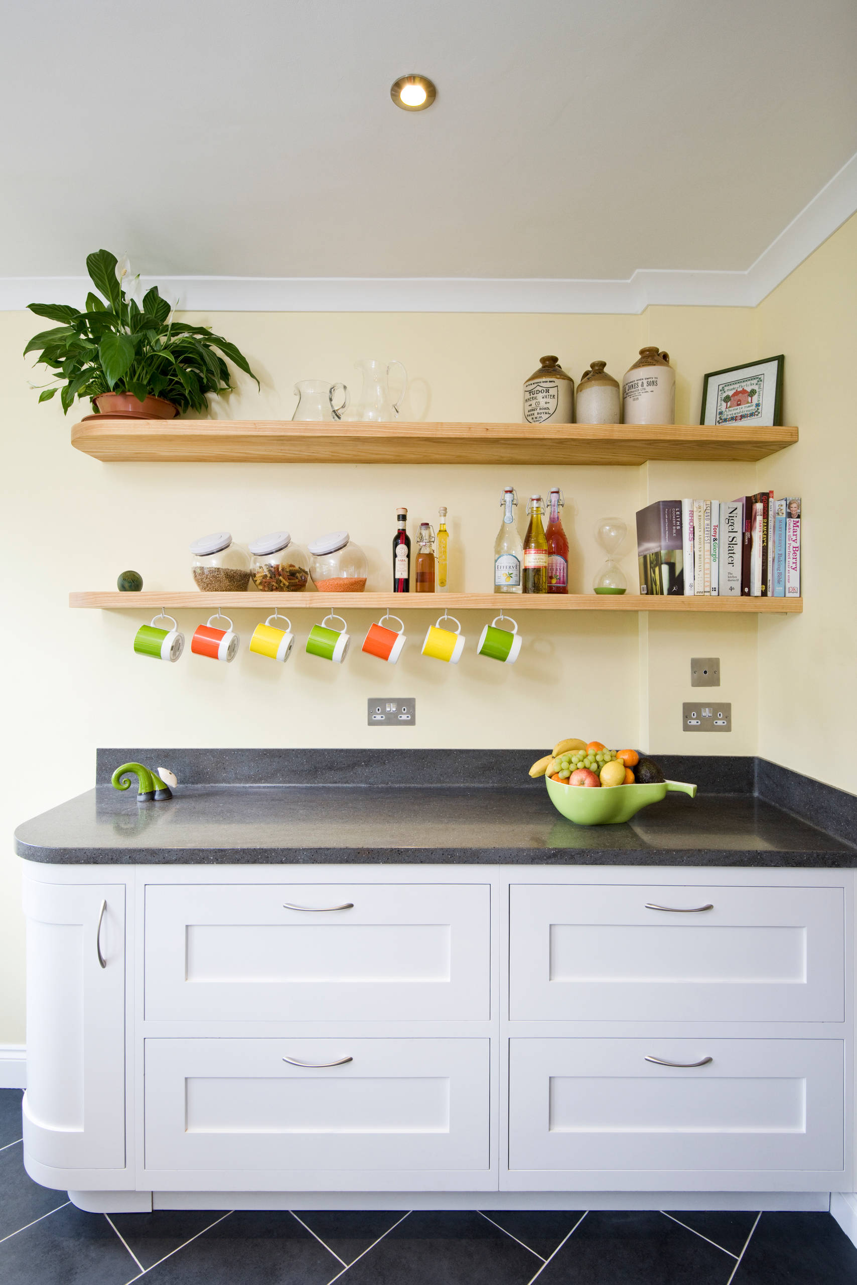 kitchen with mugs hanging