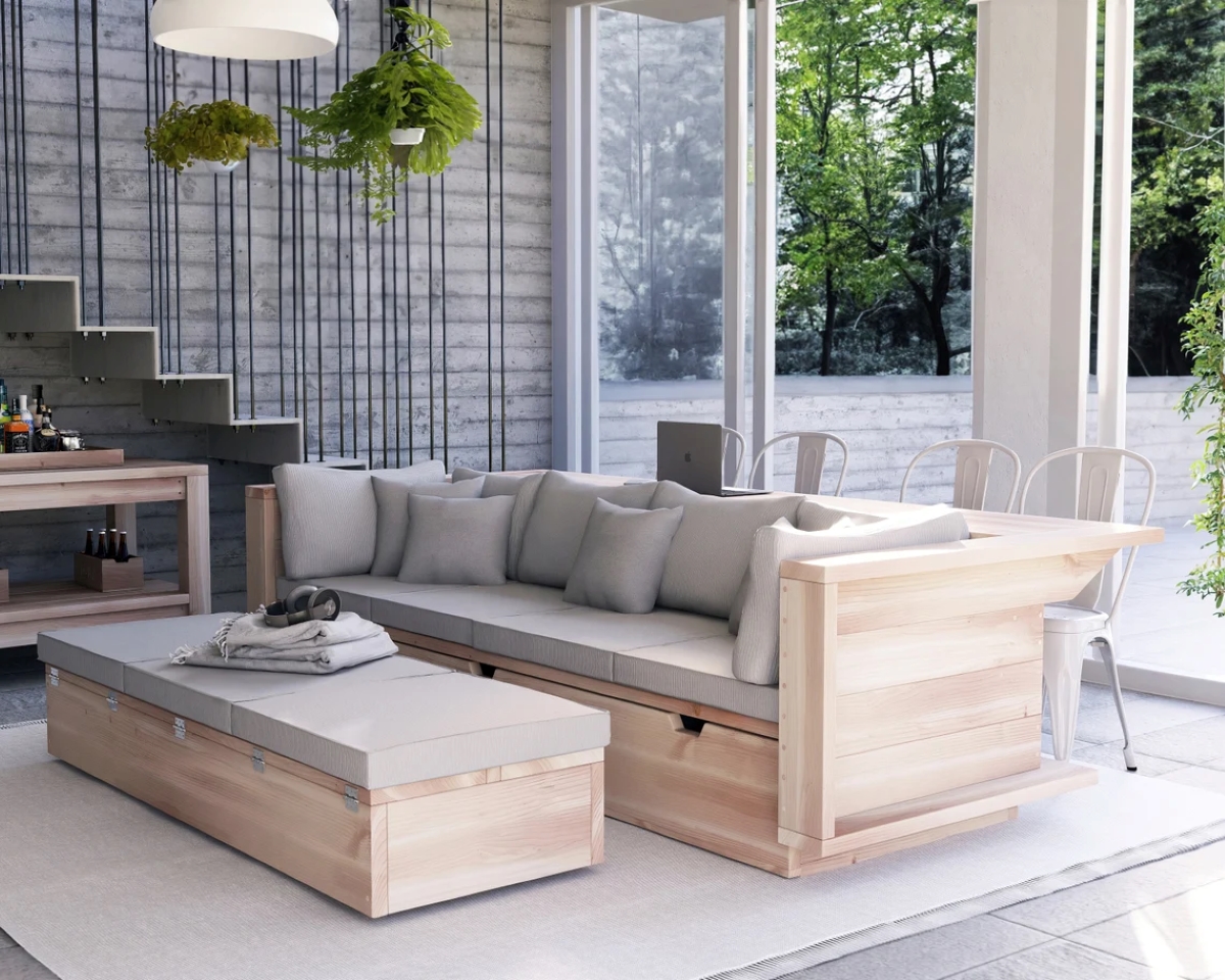 Light wooden coffee table and sofa.