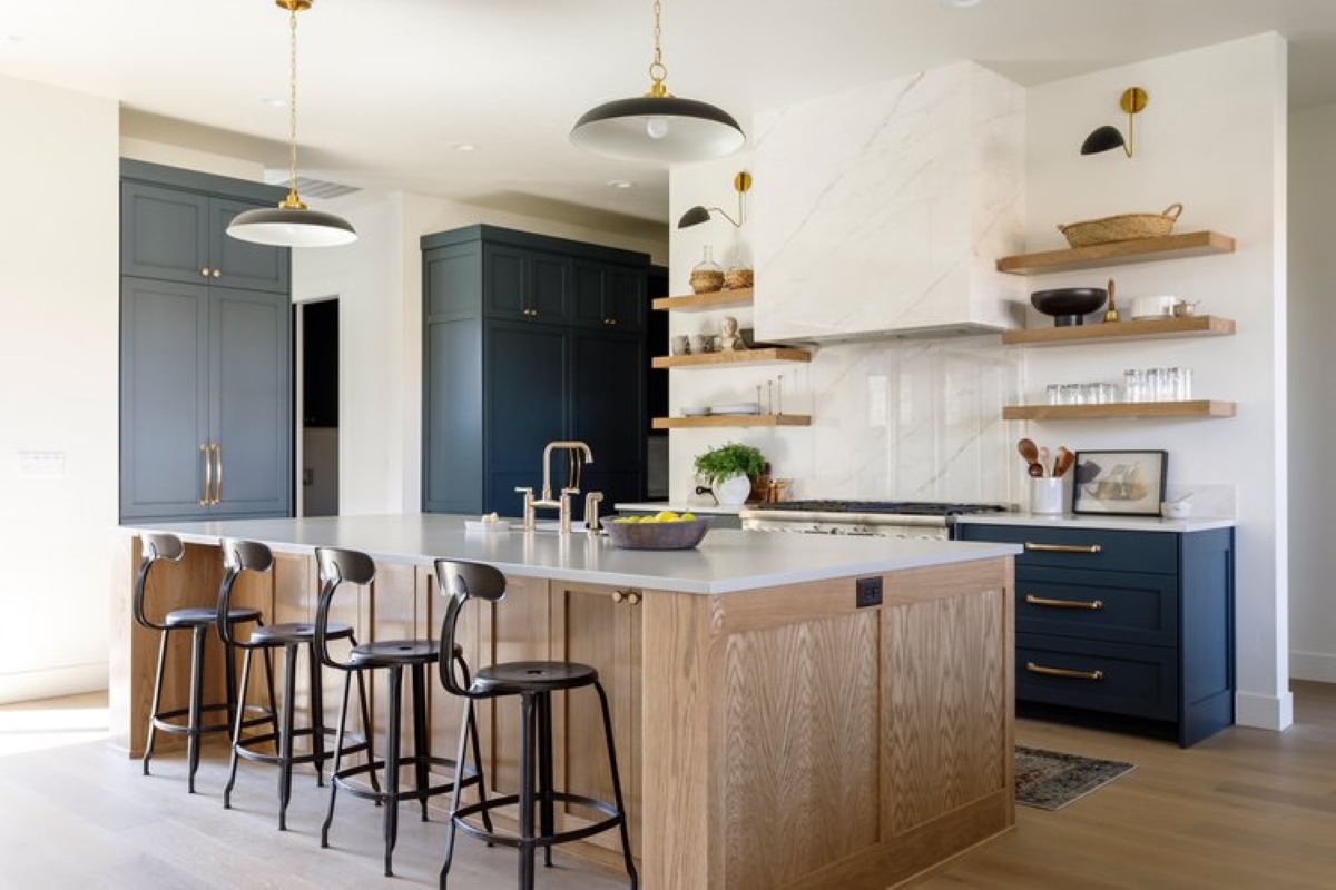 Kitchen with blue cabinets.