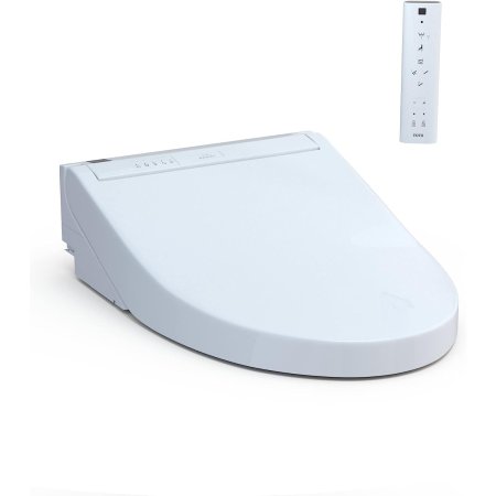  The Toto Washlet C5 Bidet Toilet Seat on a white background with its remote.