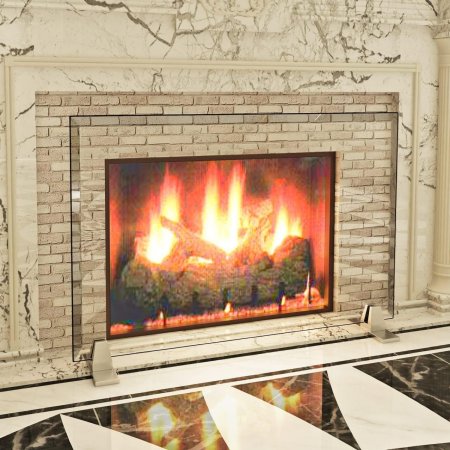  The Clearly Innovative Glass Fireplace Screen installed in a fireplace with a cream-color brick surround and marble mantle.