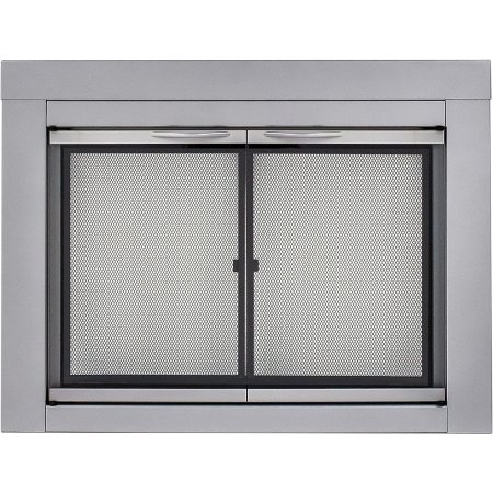  The Pleasant Hearth Alpine Glass Fireplace Door on a white background.